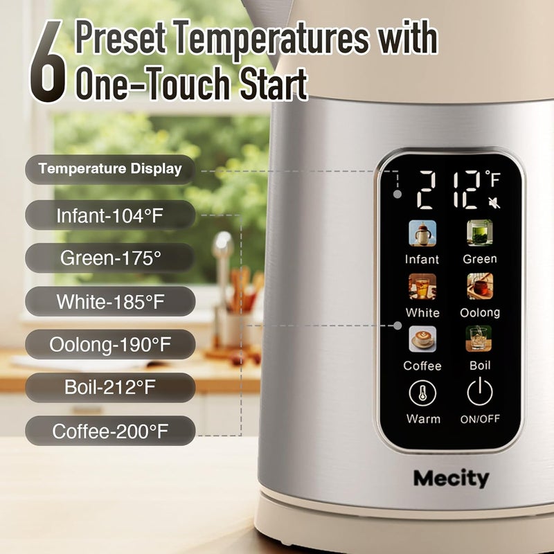 Mecity Electric Kettle 1.7L Touch Screen Temperature Control Water Boiler, No Plastic Contact with Water. 6 Presets For Tea and Coffee, 2 Hours Keep Warm, Auto Shut Off, Cream & Stainless Steel Color - Image 2